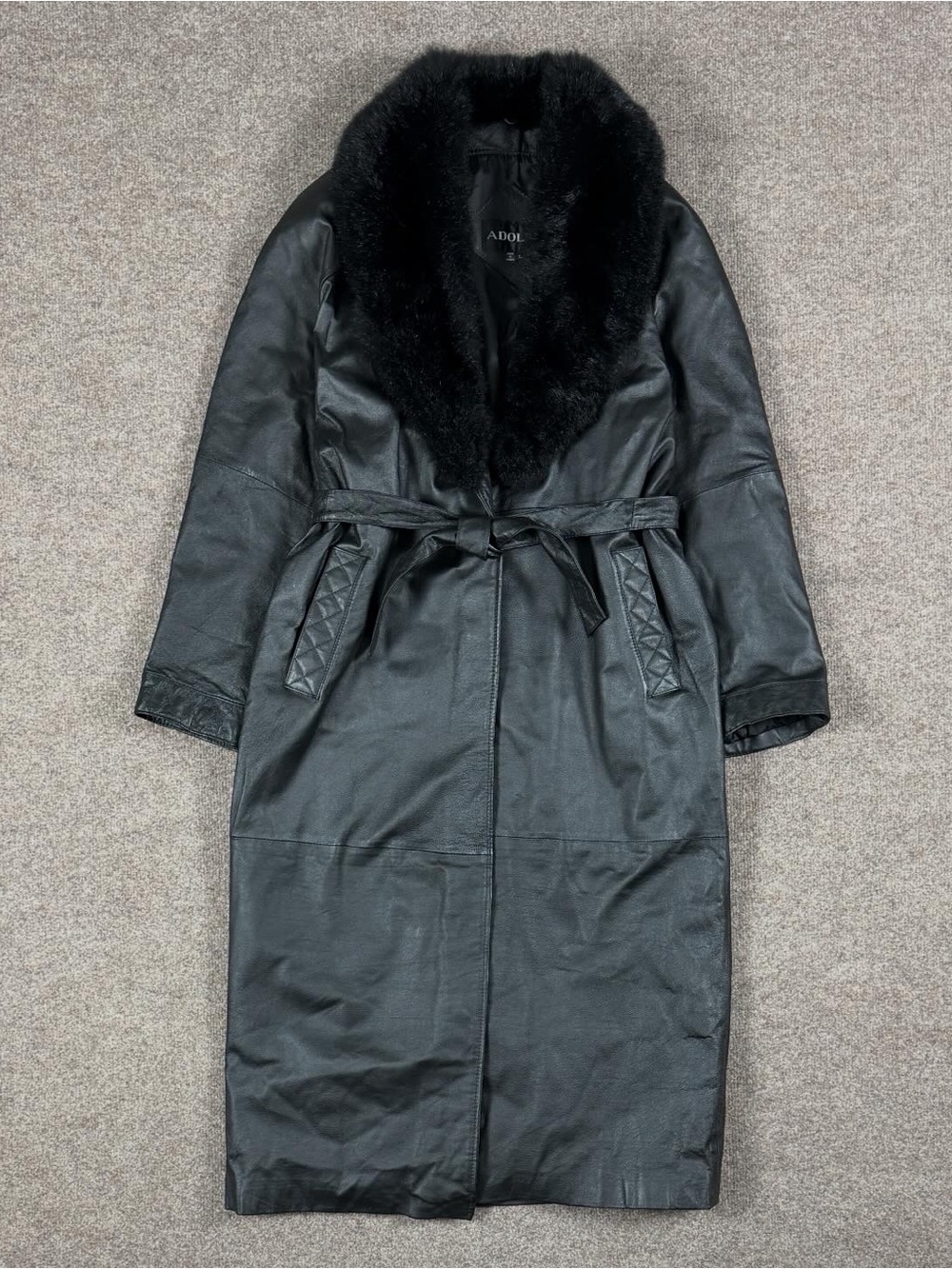 Vintage Black Leather Long Belted Coat NZ Possum Fur Shawl Collar‎ Women’s Large
